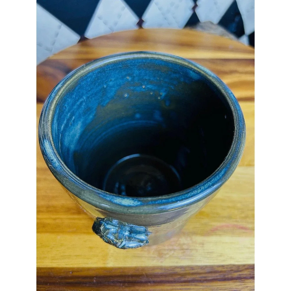 Signed Coastal Studio Pottery Green‎ Blue Glazed Vase Starfish Planter Ceramic